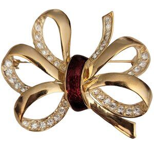 Gold Tone Red Enamel Clear Rhinestone Bow Brooch Pin